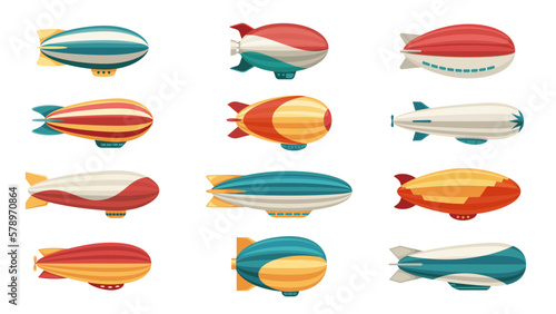 Dirigible. Cartoon airship old travel transport industry, retro balloon airplane flying helium air machine, aircraft aviation concept. Vector flat set