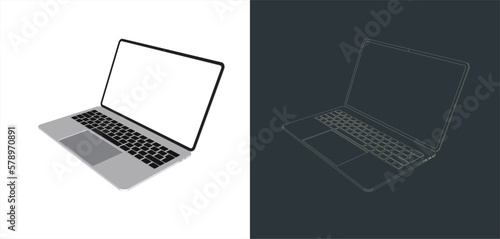 Vector modern Laptop  frameless with blank screen isolated on transparent background line art for mock up and wallpaper 