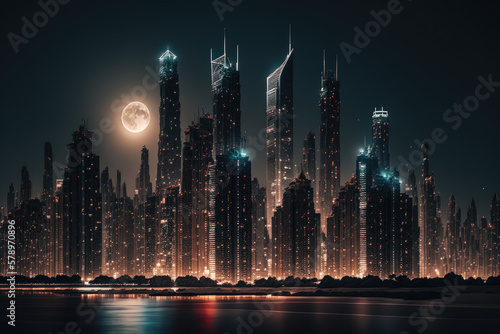 City skyline at night, moonlight, generative ai