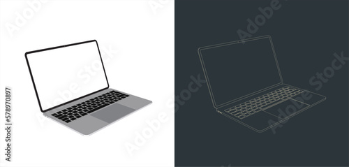 Vector modern Laptop  frameless with blank screen isolated on transparent background line art for mock up and wallpaper 