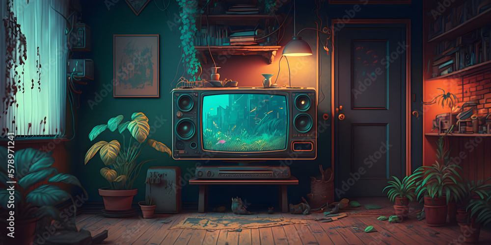 old tv in the living room, lofi background, generative AI Stock