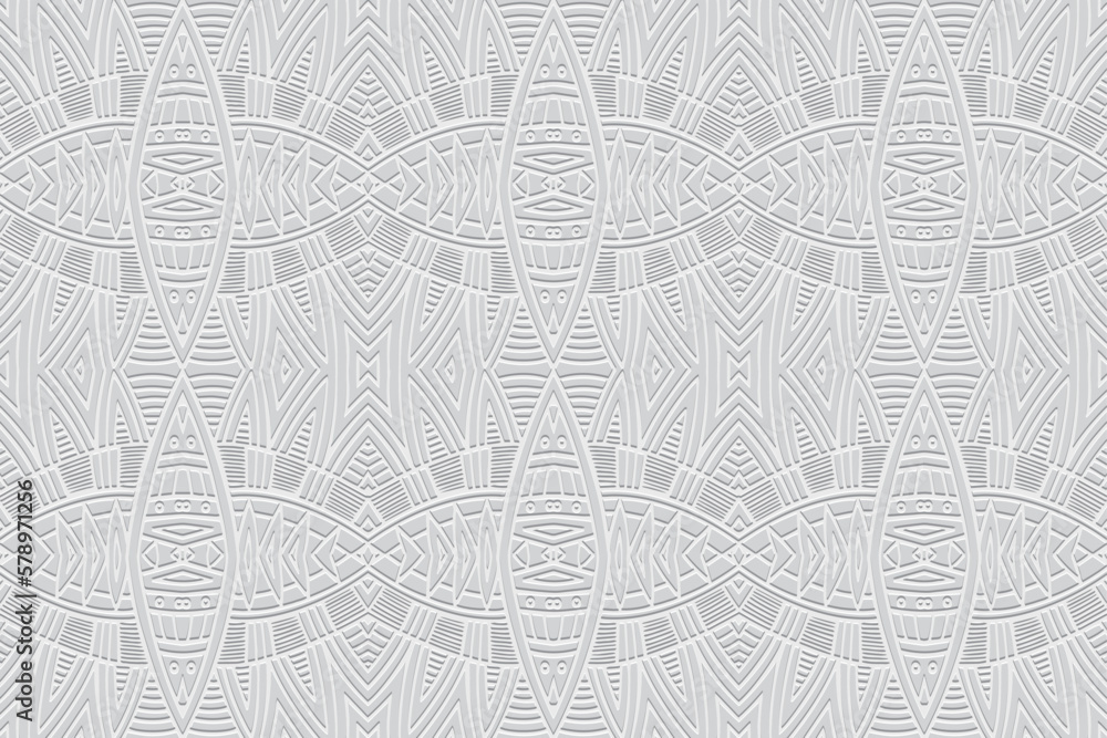 Embossed white background, cover design. Geometric exotic 3D pattern, press paper, leather, unique art deco. Boho, handmade ethnic themes. Traditions of the East, Asia, India, Mexico, Aztecs, Peru.