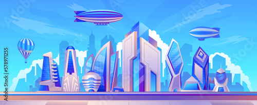 Airship landscape. Futuristic city scene with dirigibles above skyscraper buildings, aerostat in sky horizon, megapolis panorama. Vector illustration