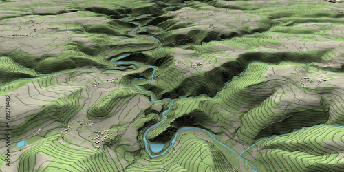 Canvastavla Vue aérienne de paysage vallonné et méandre de rivière en territoire montagneux
