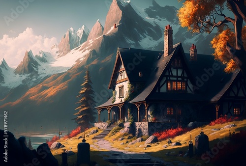 Beautiful View of a Old Wooden House or Castle in Forest or Mountains, Ai Generative