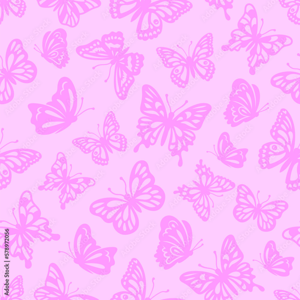 Butterflies Pattern, Vector illustration of a seamless monochrome pink background of butterflies
