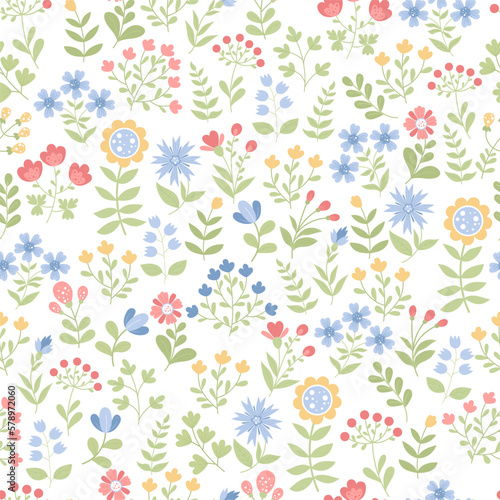 Floral seamless pattern. Scattered flowers, plant branches and leaves on white background. Vector illustration in flat style.