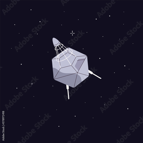 Artificial satellite, telecommunication technology in space. Cosmic equipment flying in cosmos. Orbit station, scientific monitoring shuttle for signal transmission. Flat vector illustration