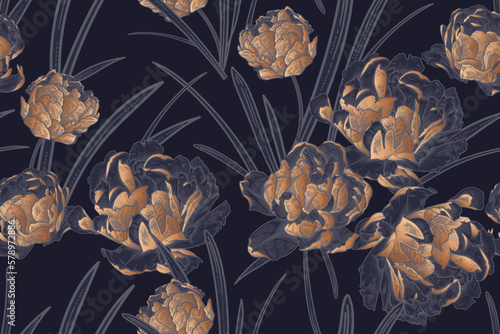 Spring flowers tulips. Dark floral luxury seamless pattern. Vintage. Vector.