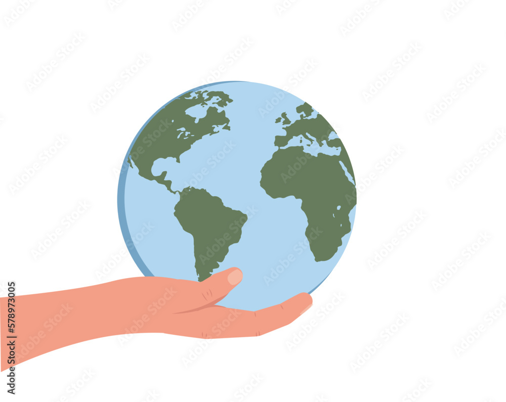 Human hand holds small Earth globe with love and care. Concept of ecological movement and responsibility for nature. Green planet in the arm. Saving the planet cartoon vector illustration. Human hand holds small Earth globe with love and care. Concept of ecological movement and responsibility for nature. Green planet in the arm. Saving the planet cartoon vector illustration.