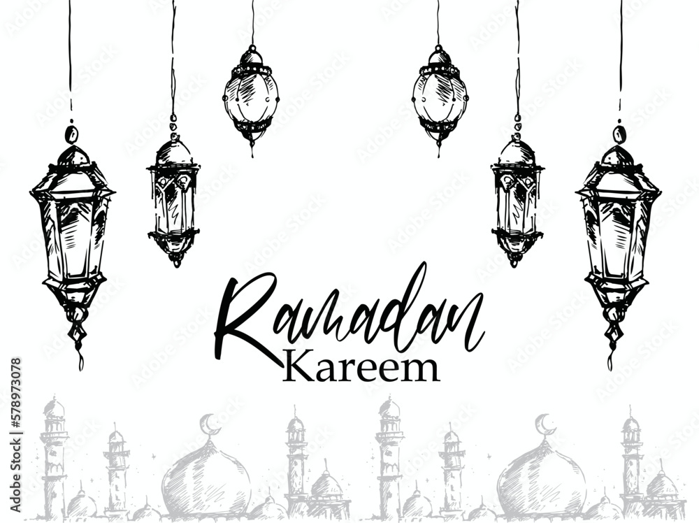 Hand drawn Ramadan Kareem and lantern background,beautiful greeting card design elements Hand drawn Ramadan Kareem and lantern background,beautiful greeting card design elements