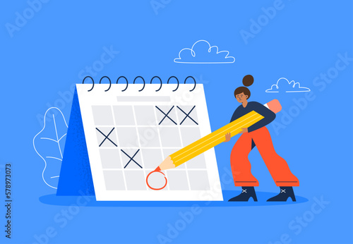 A tired woman postpones a deadline in the schedule. Planning tasks, events, and reminders. Overworked, and burnout concept. Flat-style vector illustration on the background.