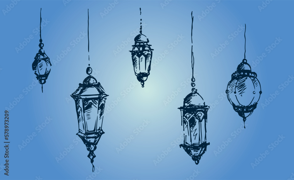 Hand drawn Ramadan Kareem and lantern background,beautiful greeting card design elements Hand drawn Ramadan Kareem and lantern background,beautiful greeting card design elements