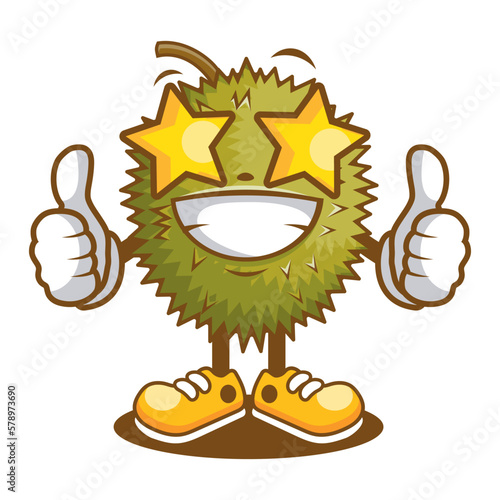 Cartoon durian mascot with star eyes and thumb up