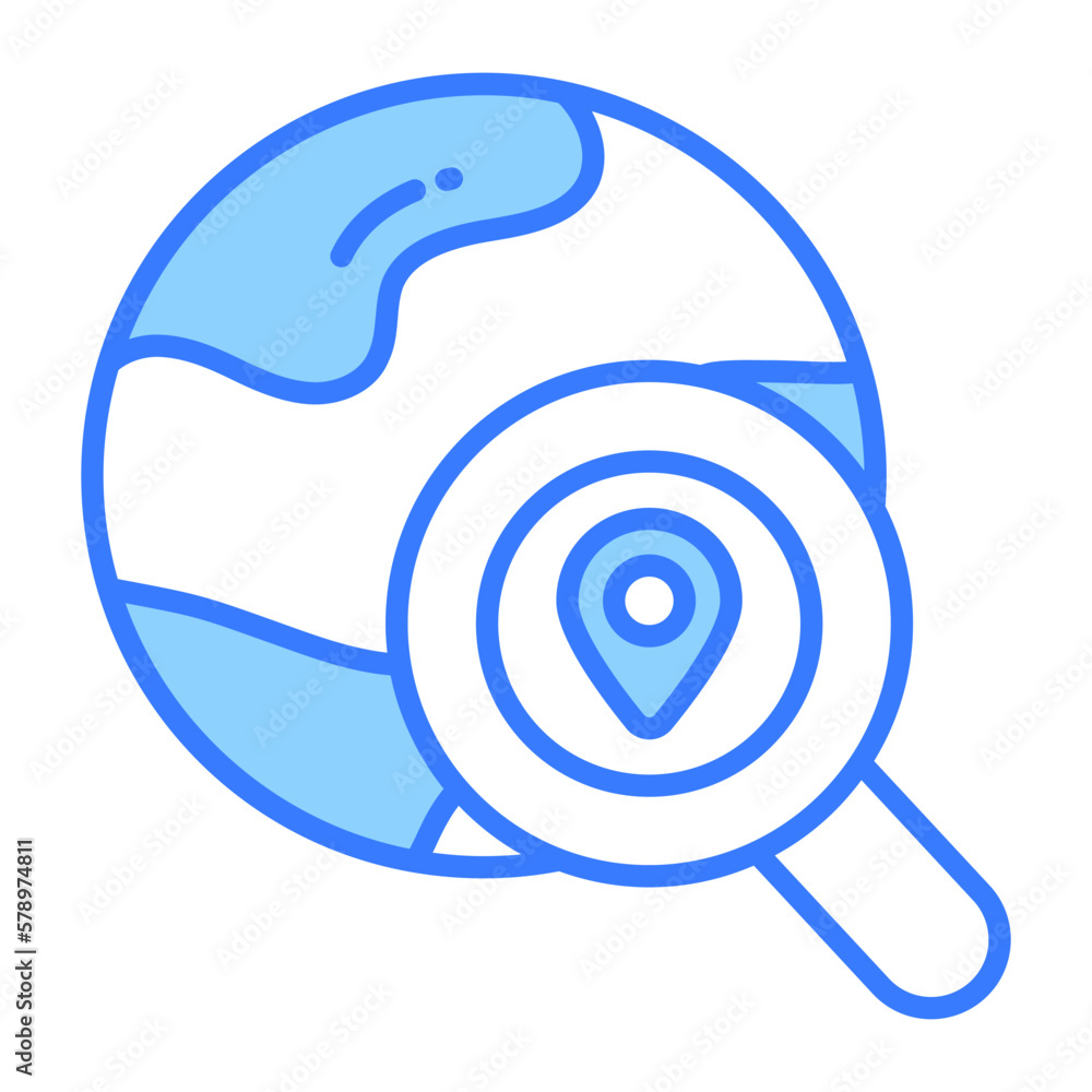 Magnifier on world globe, vector of global search in editable style Magnifier on world globe, vector of global search in editable style