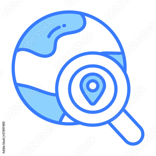 Magnifier on world globe, vector of global search in editable style