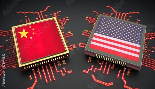 Flag of USA and China on a processor, CPU or GPU microchip on a motherboard depicting the technology race between the US and China around semiconductors. Generative AI.