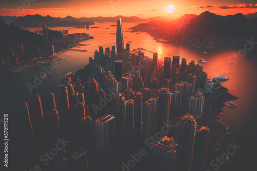 Hong Kong from above, sunset, skyscrapers and buildings, aerial view, drone view. Ai Generated Illustration..