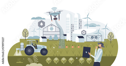 Future farm with autonomous robot agriculture monitoring tiny person concept, transparent background. Smart and effective field harvesting, watering and soil control.