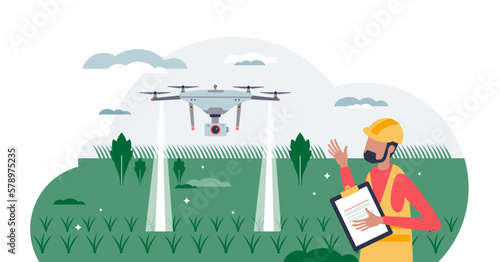 Future farming with high tech agriculture automation tiny person concept, transparent background.Flying drone above crops field for growth monitoring and control illustration.