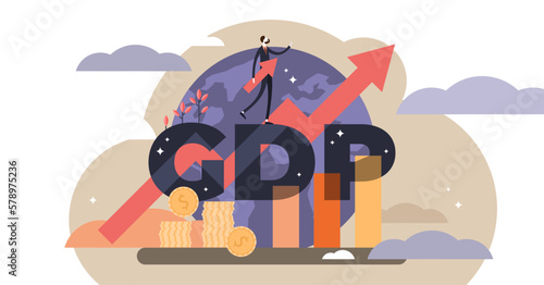 GDP illustration, transparent background. Flat tiny persons concept with gross domestic product title. Businessman with ascending economical data symbol. National earning profit measurement and index.