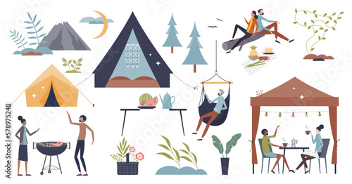 Glamping items set with nature camping elements in tiny person collection, transparent background.Romantic recreation and relaxation outdoors as holiday camp trip illustration.