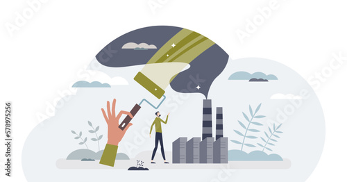 Greenwashing disinformation with company fake marketing tiny person concept, transparent background. Corporate lies about factory pollution amount with CO2 emissions illustration. Hide toxic fumes.