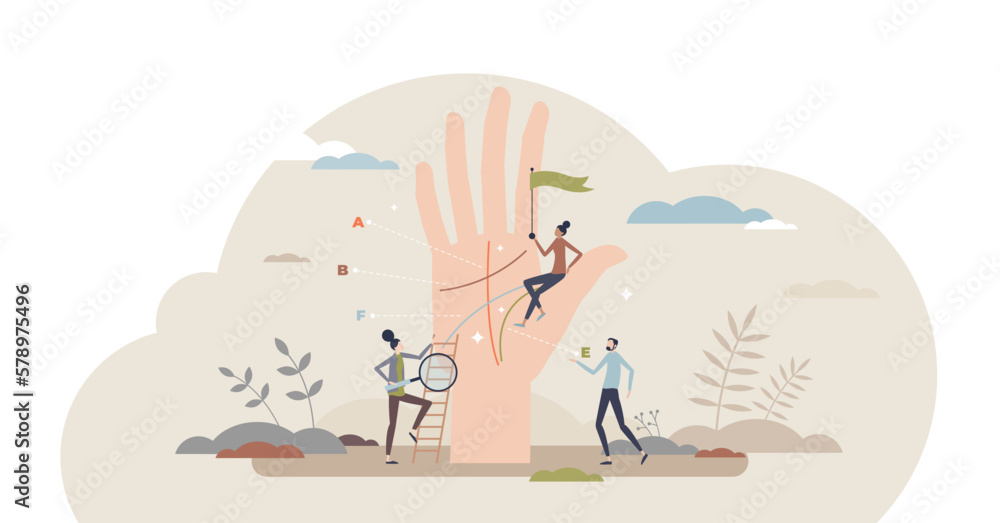 Palm reading as future telling from open hand lines tiny person concept, transparent background.Life forecasting and prediction using mystic esoteric method illustration.