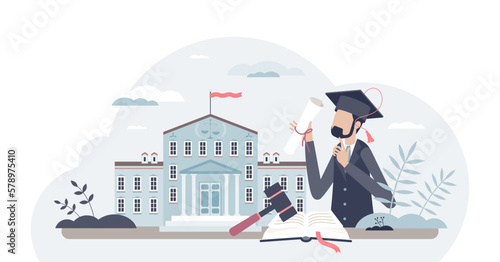 Law school graduation after lawyer education learning tiny person concept, transparent background.Book study in university for justice knowledge degree illustration.