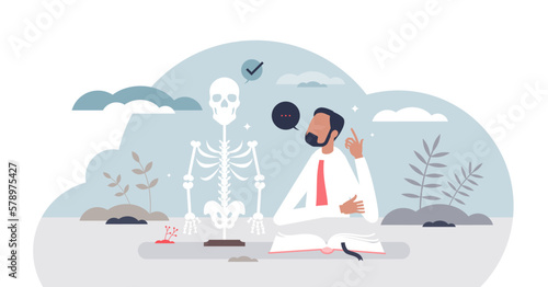 Learning anatomy and human skeleton bones knowledge tiny person concept, transparent background. Academic theory education from medical literature illustration.