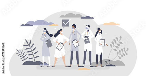 Medical team doctors, nurses and hospital staff tiny person concept, transparent background. Healthcare teamwork as medical occupation and profession specialists illustration.