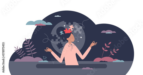 Mental health for female as inner mind peace and balance tiny person concept, transparent background. Thinking disorder regulation with psychological therapy or meditation illustration.