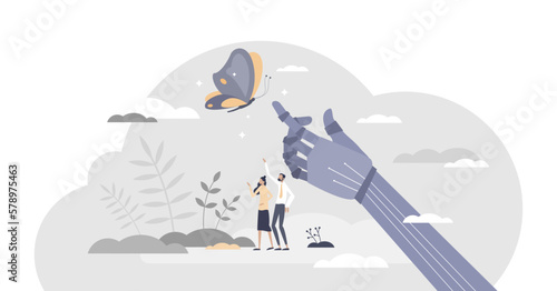 Nature and tech together with organic and robot AI mechanical arm element tiny person concept, transparent background.