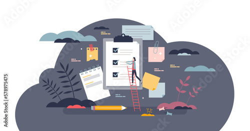 Notebook checklist and paper list with work tasks plan tiny person concept, transparent background. Effective job time management with clipboard for daily priorities illustration.