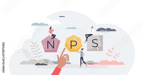 NPS or net promoter score as market research metric tiny person concept, transparent background. Respondent survey about company recommendation score illustration.