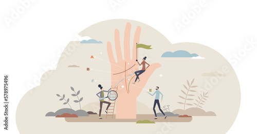 Palm reading as future telling from open hand lines tiny person concept, transparent background.Life forecasting and prediction using mystic esoteric method illustration.