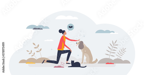 Pet sitter and looking after animals as service offer tiny person concept, transparent background. Professional woman for dog or cat care while owner is away illustration. photo