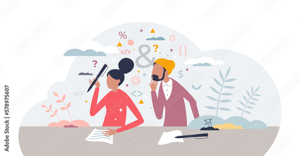 Student cheating as miserable exam action and plagiarism tiny person concept, transparent background. Unfair test for school or university with looking over to classmate illustration.