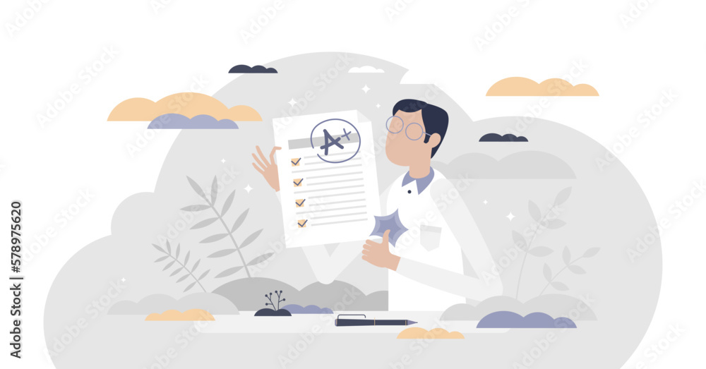 Text exam approval and passed A mark in school test tiny person concept, transparent background. Education feedback answer with positive rating and assessment illustration. - obrazy, fototapety, plakaty 