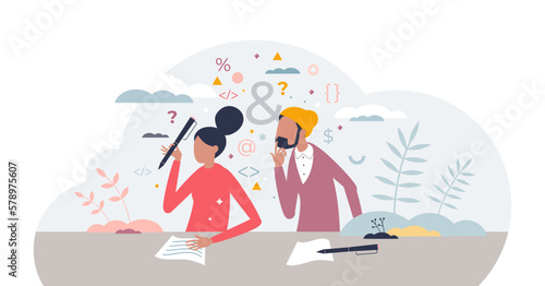 Student cheating as miserable exam action and plagiarism tiny person concept, transparent background. Unfair test for school or university with looking over to classmate illustration.