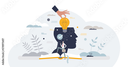 Tacit or implicit knowledge from personal mind experience tiny person concept, transparent background. Cognitive information processing using life long available skills.