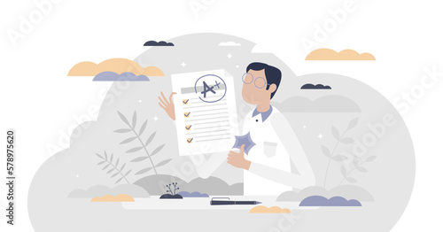 Text exam approval and passed A mark in school test tiny person concept, transparent background. Education feedback answer with positive rating and assessment illustration.
