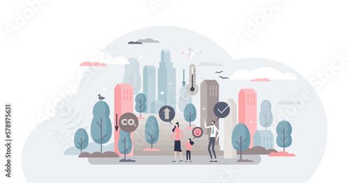 Urban forestry cityscape with trees and benefit symbols tiny person concept, transparent background. City environment improvement with plants gardening for CO2 reduction.