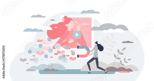 Viral content marketing campaign as popular influencer video post or stories tiny person concept, transparent background. Social media audience and followers reactions attraction.