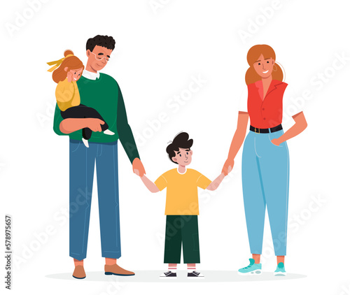 Portrait of modern family with a child holding hands. Happy parents with their children together. Man and woman look their toddler with love, care. Adoption and parenthood concept. Vector illustration