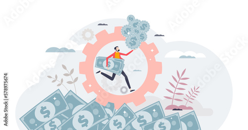 Affluenza illness as pursuit of more money and success tiny person concept, transparent background. Neverending chase for financial gains and materialistic values illustration.