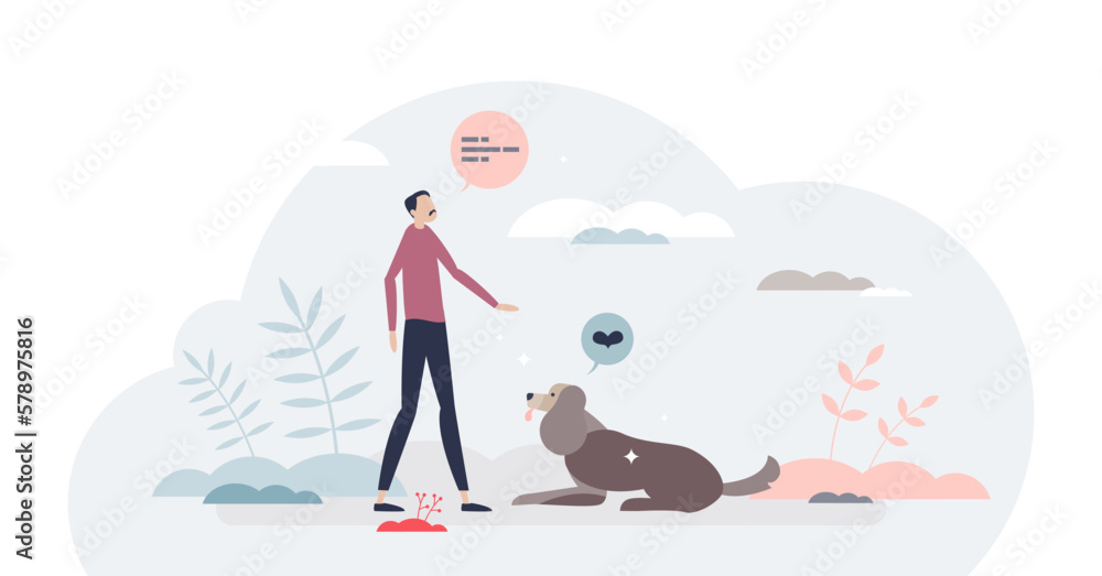 Dog training and domestic pet command teaching lesson tiny person concept, transparent background. Poodle puppy tuition with sit and stay instructions illustration.