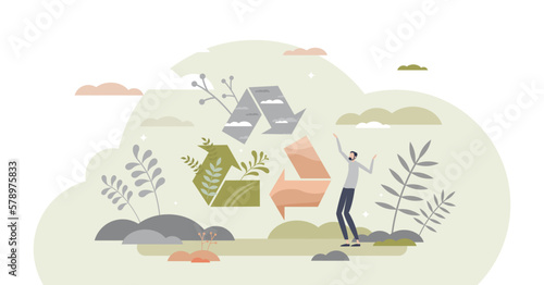 Ecology resources consumption and nature friendly materials recycling symbol tiny persons concept, transparent background.