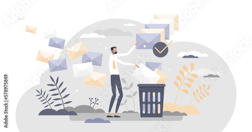 Email filter selection and inbox content analysis and sort in order tiny person concept, transparent background. Received mail flow scan and organize junk and spam from safe messages illustration.