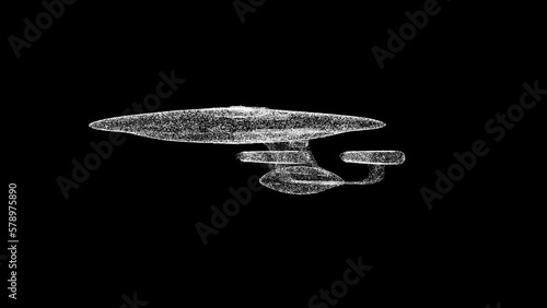 3D spaceship rotates on black bg. Object dissolved white flickering particles 60 FPS. Business advertising backdrop. Science concept. For title, text, presentation. 3D animation.
